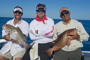Capt. Steven Lamp and clients with Red Groupers caught west of Key West